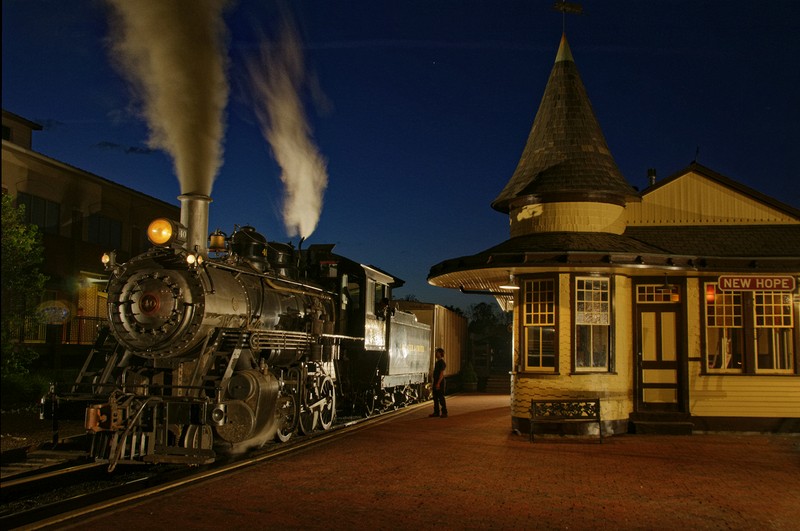 New Hope, PA, a night shot of NH&IL steam at the depot there