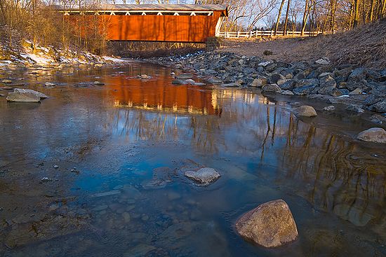 Dawn light from a cold March morning on the Furnace Run Covered Bridge, Cuyahoga Valley National Park